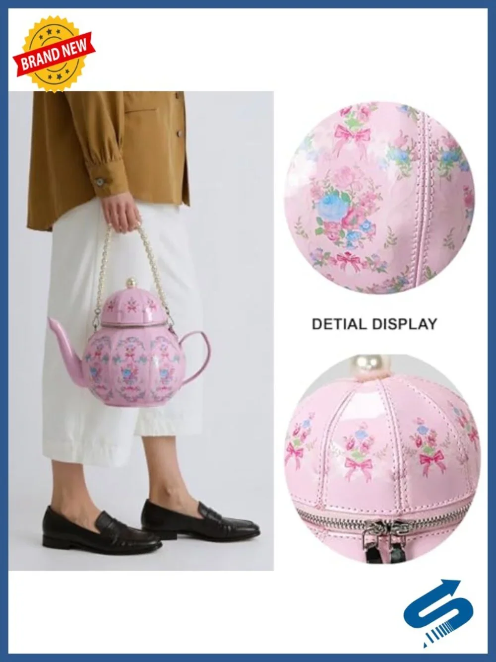 Teapot Shaped Crossbody Bag for Women | PU Leather Floral Purse with Pearl Chain